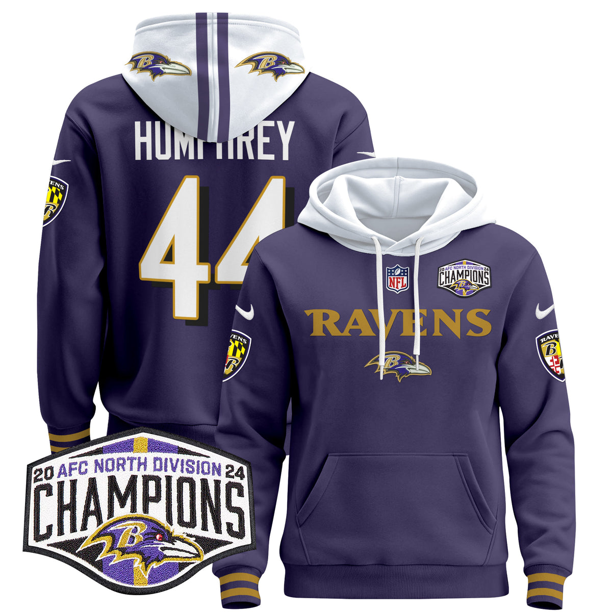 Men's Baltimore Ravens 2024 AFC North Division Champions Patch Pullover Hoodie - All Stitched - Purple - Marlon Humphrey — view 1