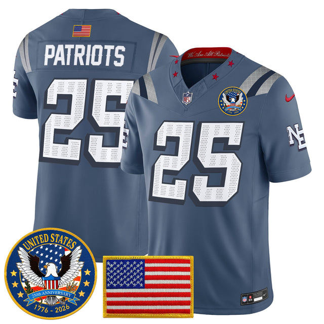 Men's New England Patriots United States 250th Anniversary Patch Vapor Limited Jersey - All Stitched - Storm Blue - #25 Patriots — view 1