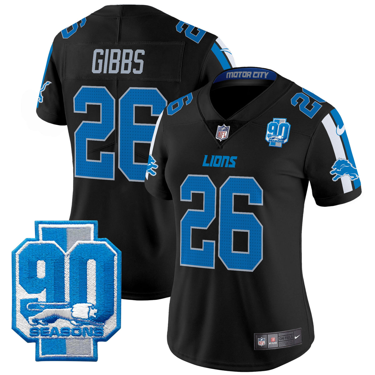 Women's Detroit Lions 90th Year Patch Vapor Limited Jersey - All Stitched - Black - Jahmyr Gibbs — view 1