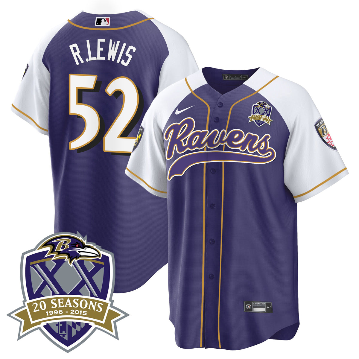 Men's Ravens 20th Season Patch Baseball Jersey - All Stitched - Purple Alternate - Ray Lewis — view 1