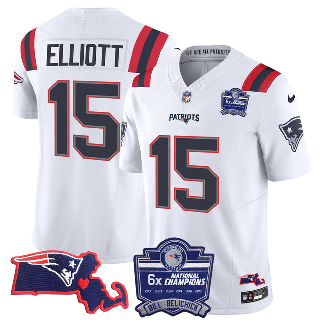 Men's Patriots Bill Belichick 6x Champions Patch Vapor Jersey - All Stitched - White - Ezekiel Elliott — view 1