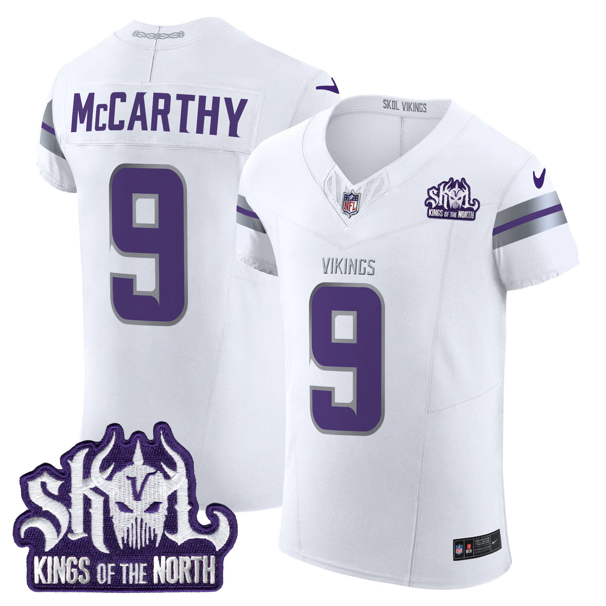 Men's Minnesota Vikings 2024 Winter Warrior Skol Patch Vapor Elite Jersey - All Stitched - White - J.J. McCarthy — view 1