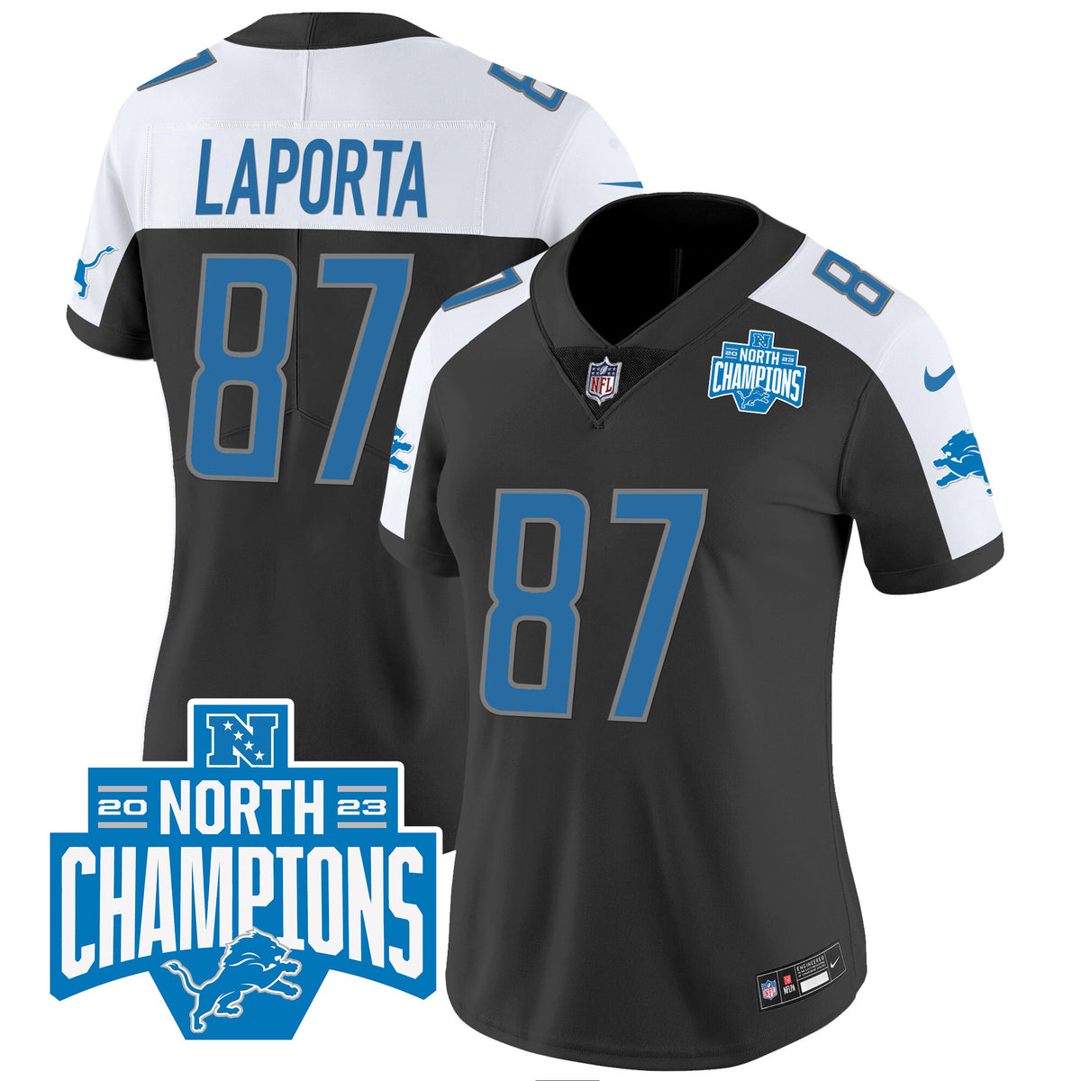 Women's Detroit Lions 2023 NFC North Division Champions Patch Vapor Jersey - All Stitched - Black Alternate - Sam Laporta — view 1