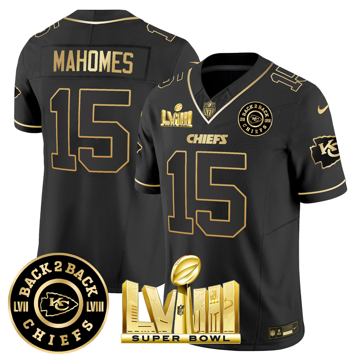 Men's Chiefs Super Bowl LVIII & Back 2 Back Patch Vapor Jersey V4 - All Stitched - Black Gold - Patrick Mahomes — view 1
