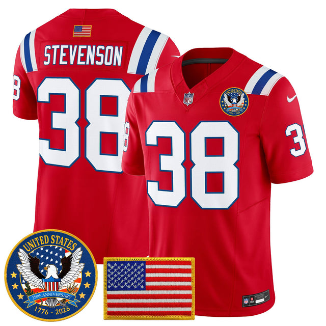 Men's New England Patriots United States 250th Anniversary Patch Vapor Limited Jersey - All Stitched - Red - Rhamondre Stevenson — view 1