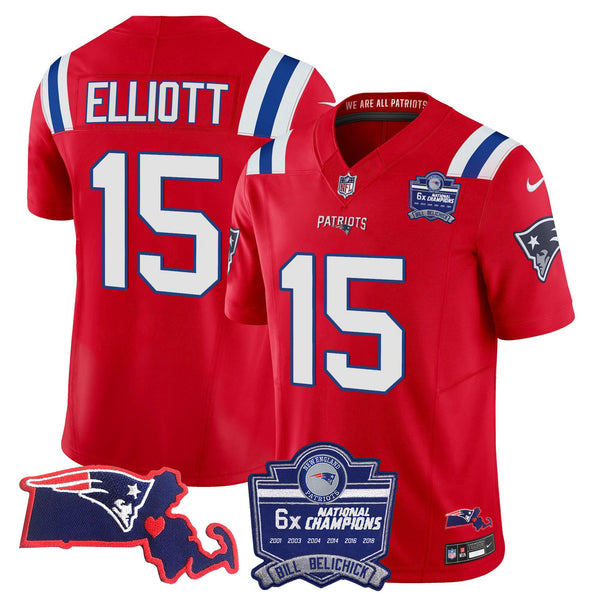 Men's Patriots Bill Belichick 6x Champions Patch Vapor Jersey - All Stitched - Red - Ezekiel Elliott — view 1