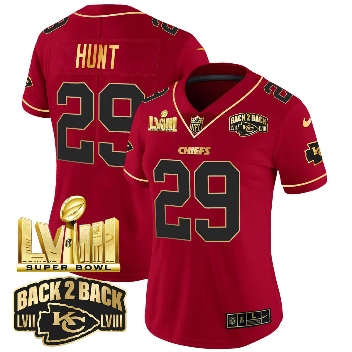 Women's Chiefs Super Bowl LVIII & Back 2 Back Gold Patch Vapor Jersey - All Stitched - Red Special - Kareem Hunt — view 1