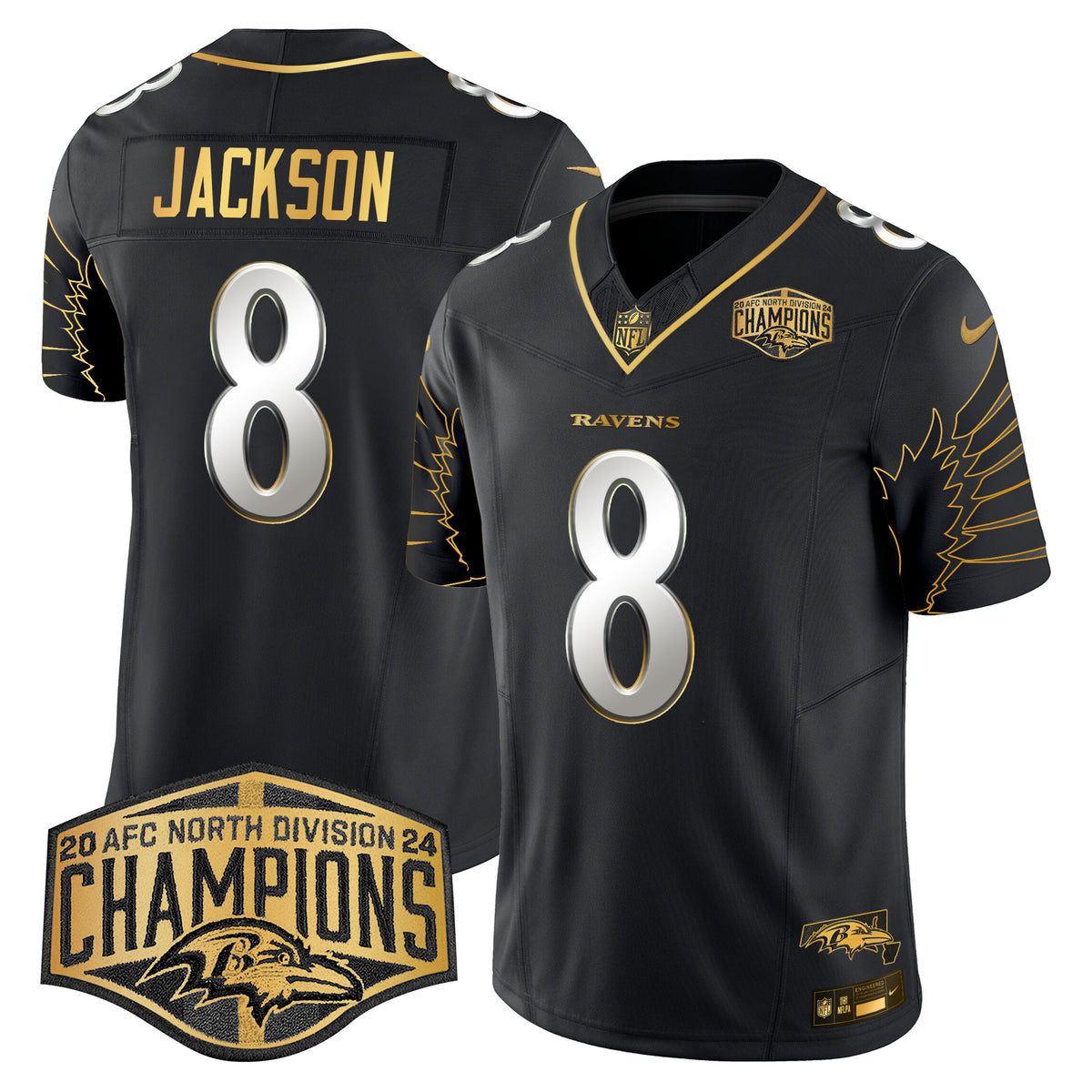 Men's Ravens Maryland 2024 AFC North Division Champions Patch Gold Vapor Limited Jersey - All Stitched - Black Limited - Lamar Jackson — view 1