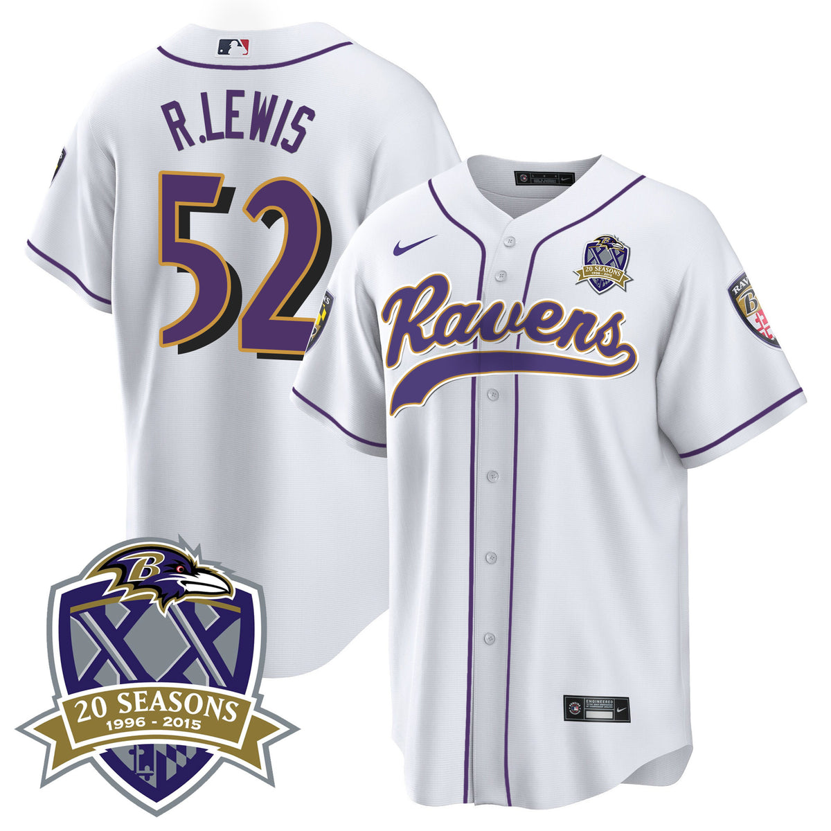 Men's Ravens 20th Season Patch Baseball Jersey - All Stitched - White - Ray Lewis — view 1