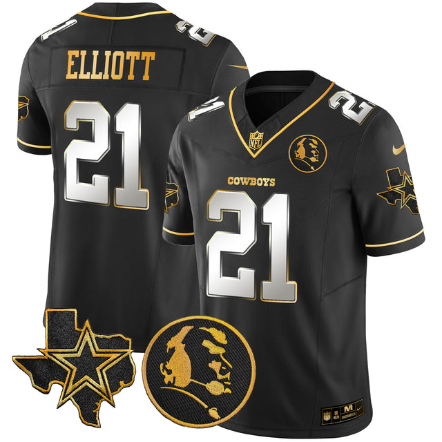 Men's Cowboys Texas & John Madden Patch Gold Vapor Limited Jersey - All Stitched - Black Limited - Ezekiel Elliott — view 1