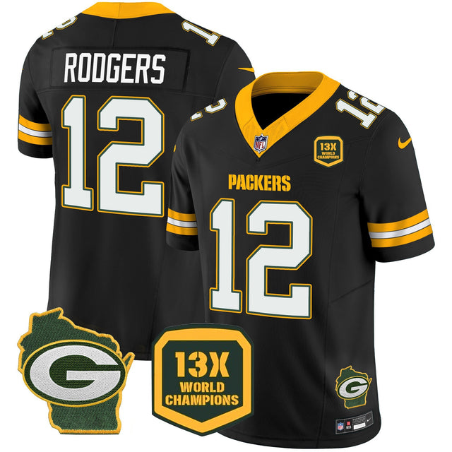 Men's Packers 13 Time World Champions & Home Patch Vapor Jersey – All Stitched - Black - Aaron Rodgers — view 1