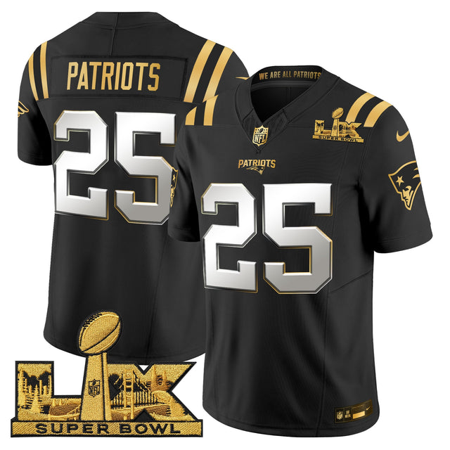 Men's New England Patriots Super Bowl LX Gold Vapor Limited Jersey - All Stitched - Black Limited - #25 Patriots — view 1