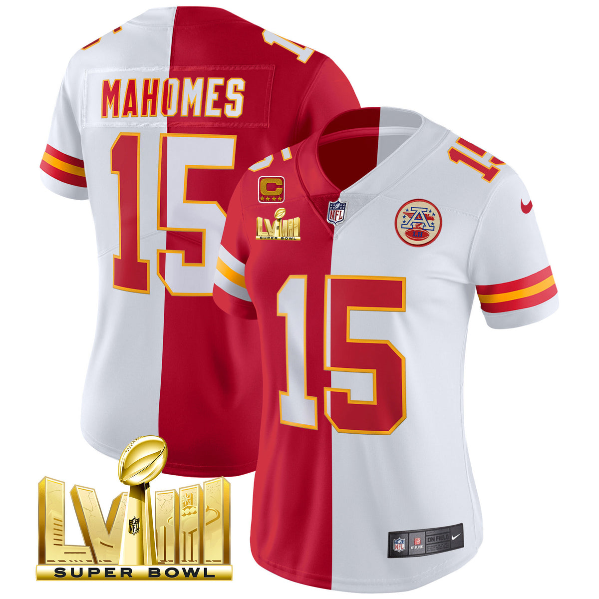 Women's Chiefs Super Bowl LVIII Gold Patch Vapor Jersey V4 - All Stitched - Split - Patrick Mahomes — view 1