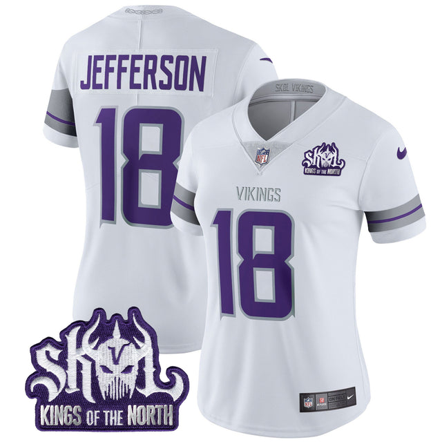 Women's Minnesota Vikings 2024 Winter Warrior Skol Patch Vapor Limited Jersey - All Stitched - White - Justin Jefferson — view 1