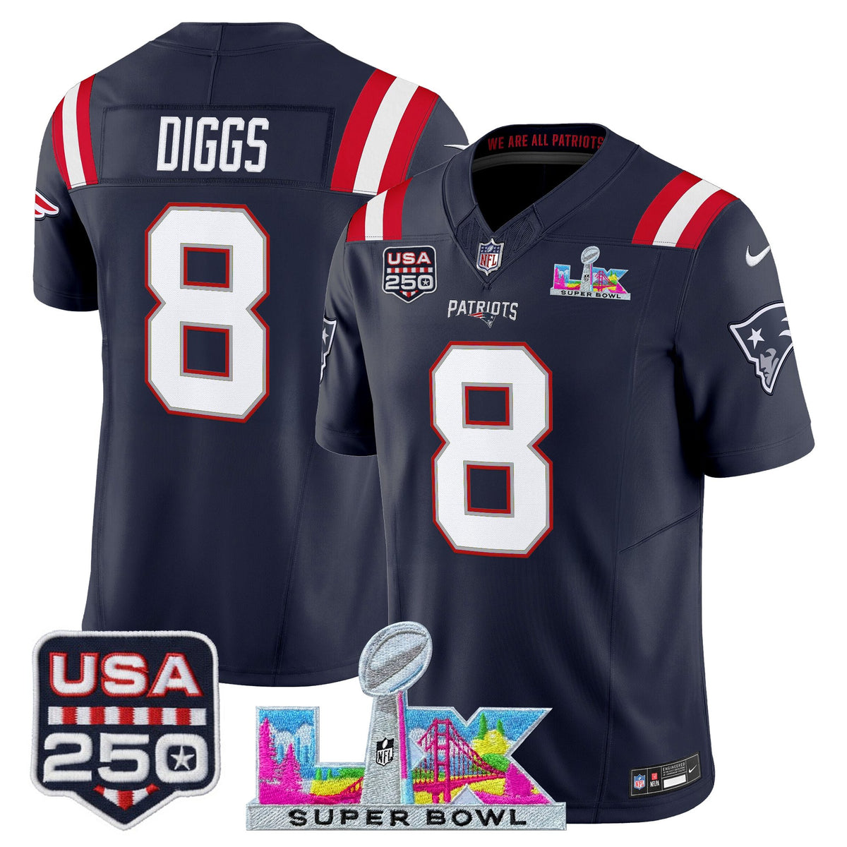 Men's New England Patriots Super Bowl LX & United States 250th Anniversary Patch Vapor Limited Jersey - All Stitched - Navy - Stefon Diggs — view 1
