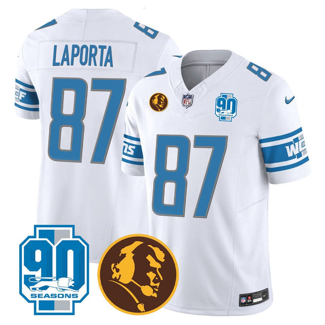 Men's Detroit Lions 90th & John Madden Patch Jersey - All Stitched - White - Sam Laporta — view 1