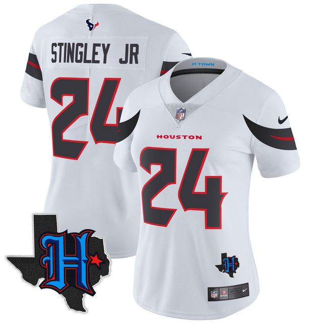 Women's Houston Texans 2024 Texas Patch Vapor Limited Jersey - All Stitched - White - Derek Stingley Jr — view 1