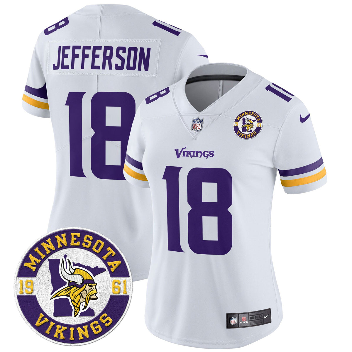 Women's Minnesota Vikings 2024 Vapor Limited Jersey V2 - Est. 1961 Patch - All Stitched - White - Justin Jefferson — view 1