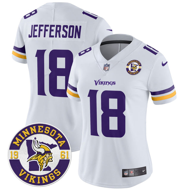 Women's Minnesota Vikings 2024 Vapor Limited Jersey V2 - Est. 1961 Patch - All Stitched - White - Justin Jefferson — view 1