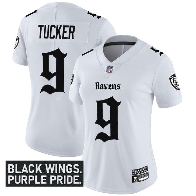 Women's Baltimore Ravens 'Gothic Nevermore Edition' Vapor Limited Jersey - All Stitched - White - Justin Tucker — view 1