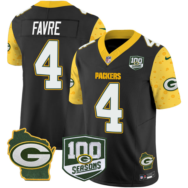Men's Packers 100th Season & Home Patch Cheese Vapor Limited Jersey – All Stitched - Black - Brett Favre — view 1