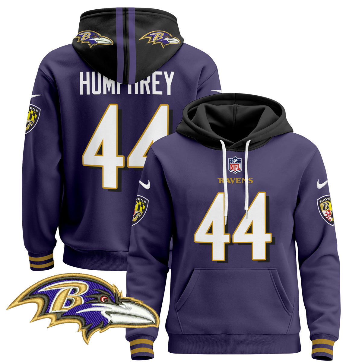 Men's Baltimore Ravens 2024 Pullover Hoodie V4 - All Stitched - Purple - Marlon Humphrey — view 1
