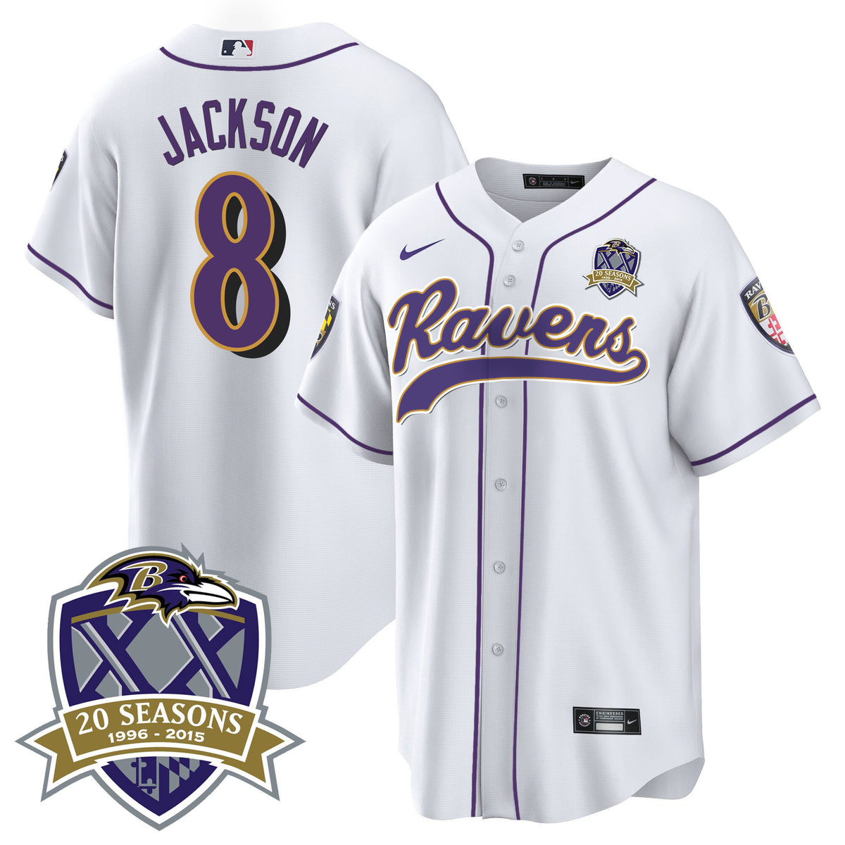 Men's Ravens 20th Season Patch Baseball Jersey - All Stitched - White - Lamar Jackson — view 1