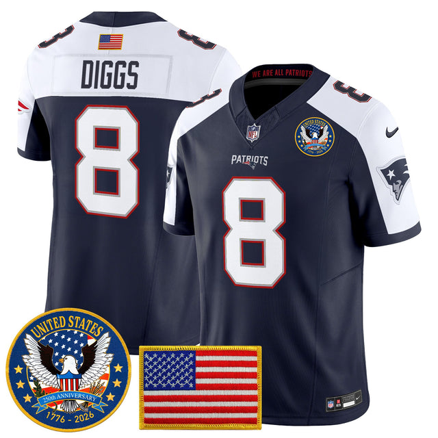 Men's New England Patriots United States 250th Anniversary Patch Vapor Limited Jersey - All Stitched - Navy Alternate - Stefon Diggs — view 1