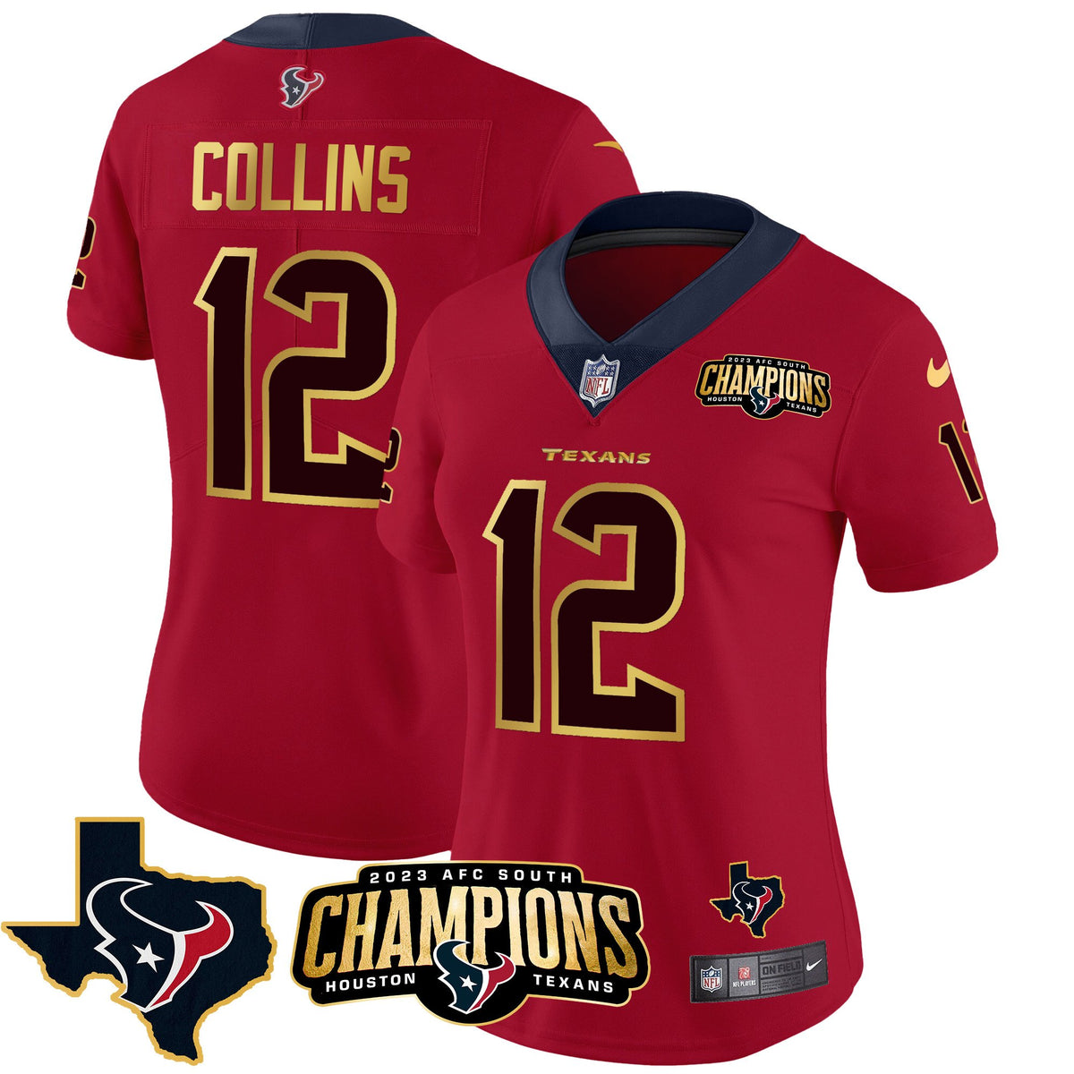 Women's Houston Texans 2023 AFC South Champions Patch Gold Trim Vapor Jersey - All Stitched - Red - Nico Collins — view 1