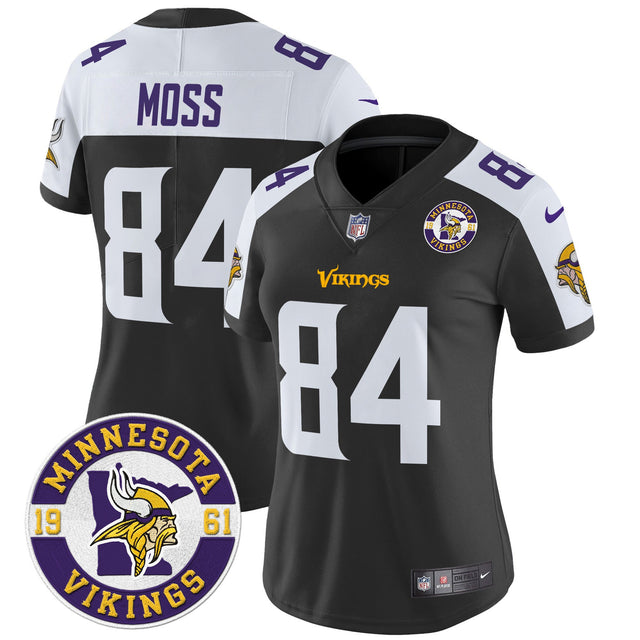 Women's Minnesota Vikings 2024 Vapor Limited Jersey V2 - Est. 1961 Patch - All Stitched - Black Alternate - Randy Moss — view 1