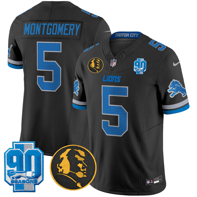 Men's Detroit Lions 2024 90th & John Madden Patch Vapor Limited Jersey V2 - All Stitched - Black - David Montgomery — view 1