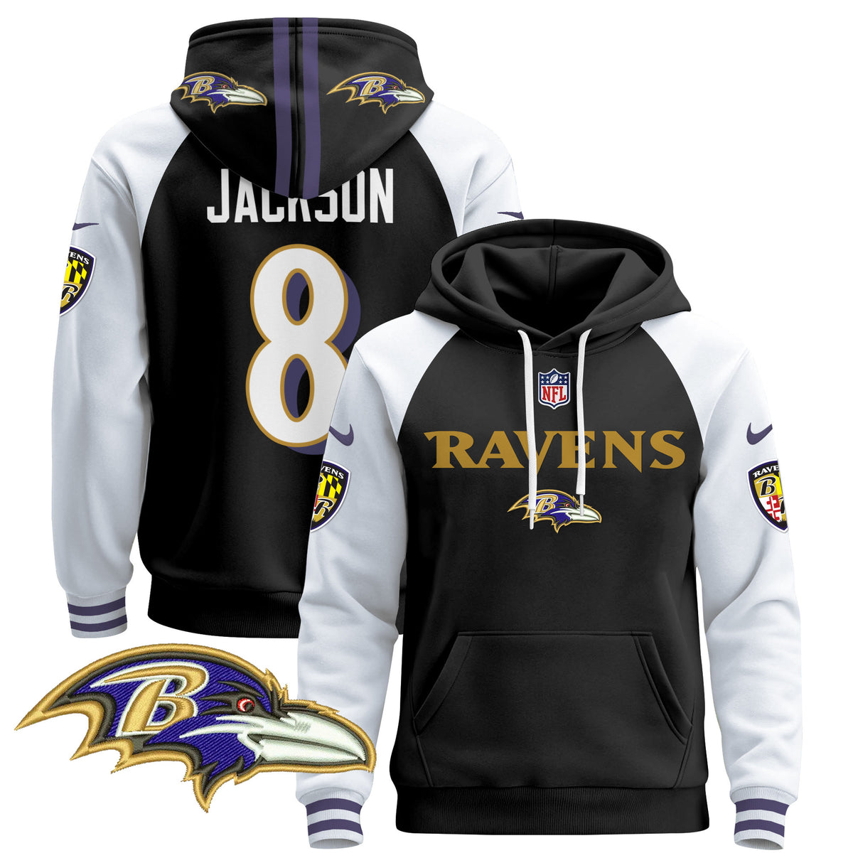 Men's Baltimore Ravens 2024 Pullover Hoodie V3 - All Stitched - Black Alternate - Lamar Jackson — view 1