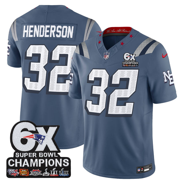 Men's New England Patriots 6-Time Champions Patch Vapor Limited Jersey - All Stitched - Storm Blue - TreVeyon Henderson — view 1