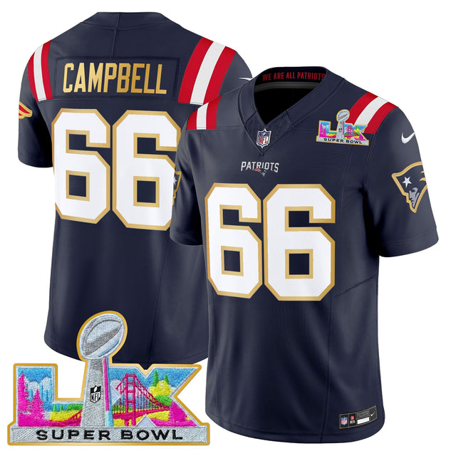 Men's New England Patriots Super Bowl LX Gold Trim Vapor Limited Jersey - All Stitched - Navy - Will Campbell — view 1