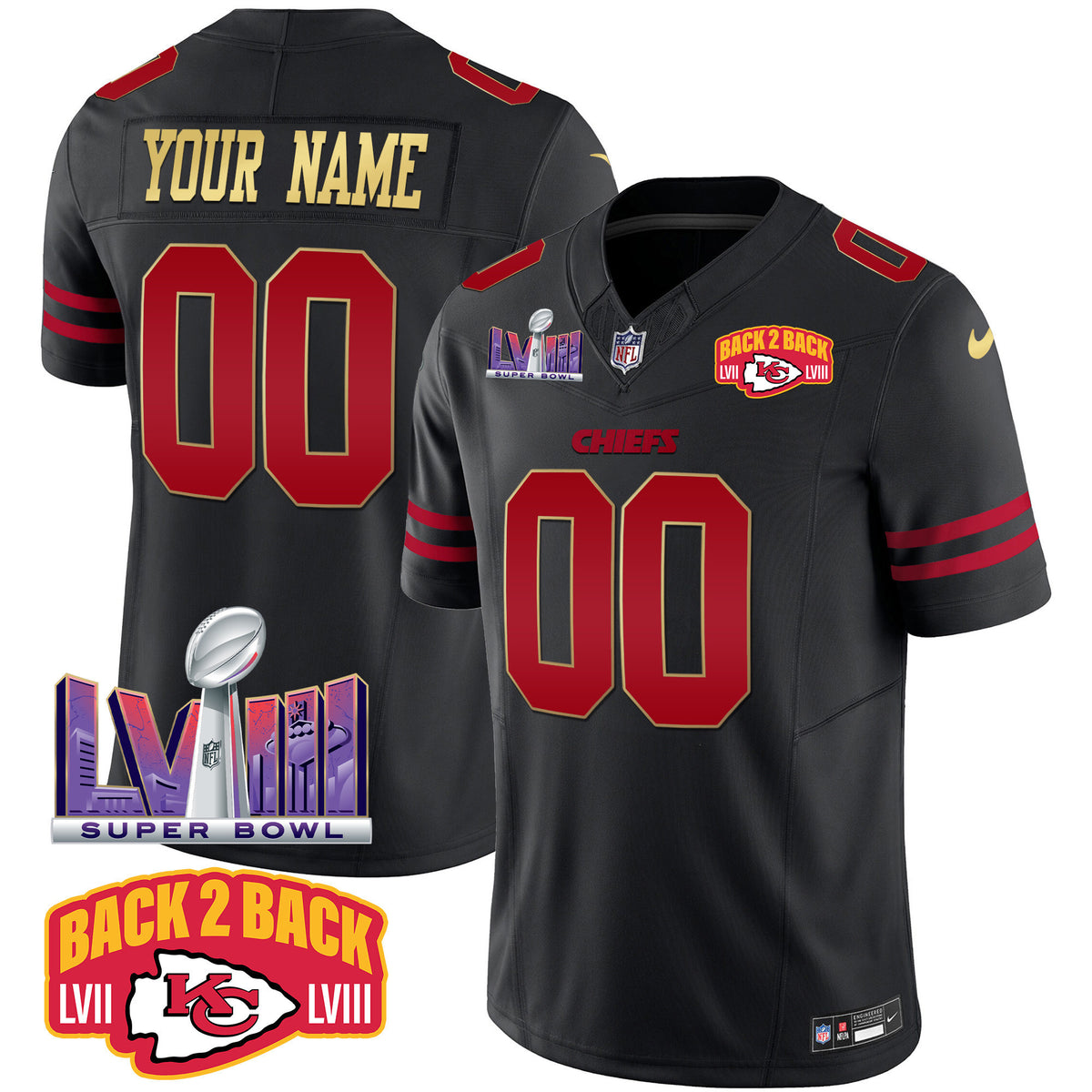 Chiefs Super Bowl LVIII & Back 2 Back Patch Vapor Custom Jersey - All Stitched - Gold Trim — view 1
