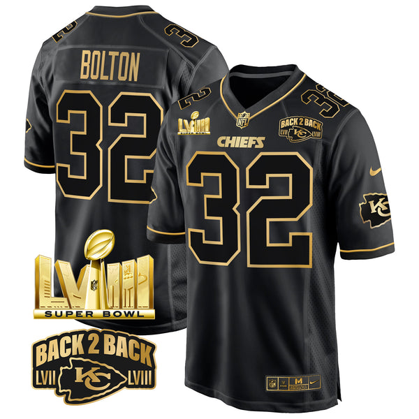 Men's Chiefs Super Bowl LVIII & Back 2 Back Gold Game Jersey - All Stitched - Black Gold - Nick Bolton — view 1