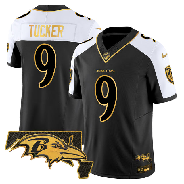 Men's Ravens Maryland Patch Gold Vapor Limited Jersey V2 - All Stitched - Alternate - Justin Tucker — view 1