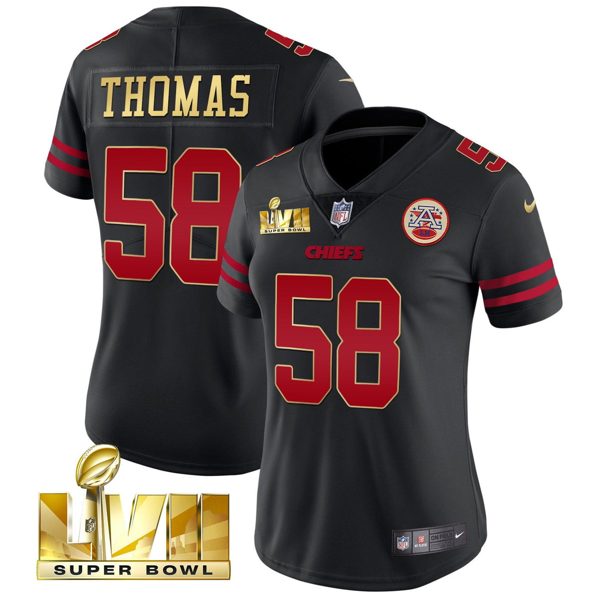 Women's Chiefs Super Bowl LVII Red Gold Vapor Jersey - All Stitched - Black Gold Trim - Derrick Thomas — view 1
