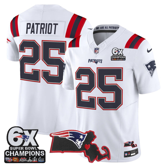 Men's New England Patriots 6-Time Champions & Massachusetts Patch Vapor Limited Jersey - All Stitched - White - #25 Patriot — view 1