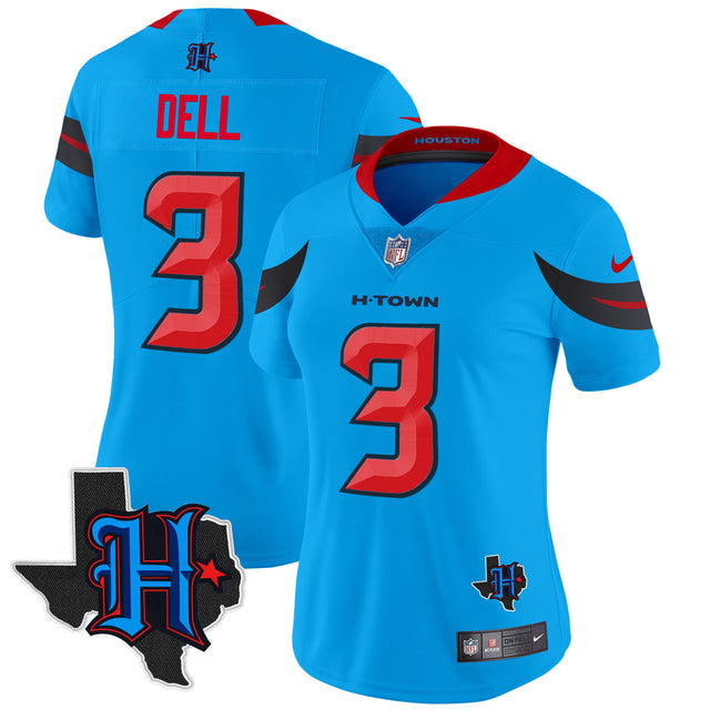 Women's Houston Texans 2024 Texas Patch Vapor Limited Jersey V3 - All Stitched - Blue - Tank Dell — view 1