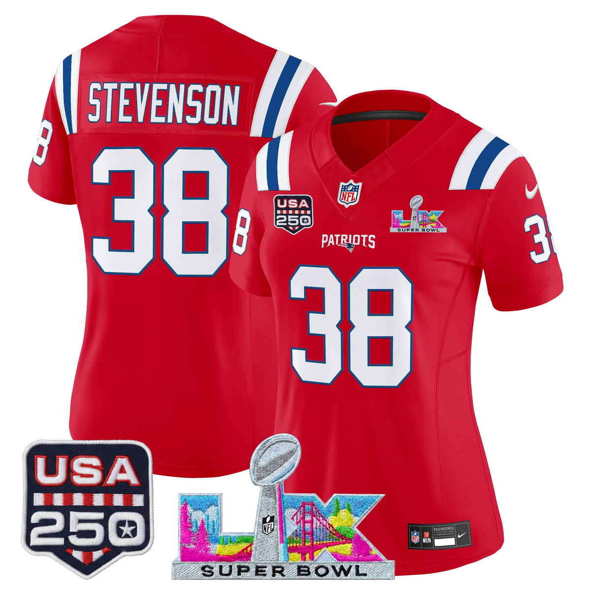 Women's New England Patriots Super Bowl LX & United States 250th Anniversary Patch Vapor Limited Jersey ~63b3501f - Red - Rhamondre Stevenson — view 1