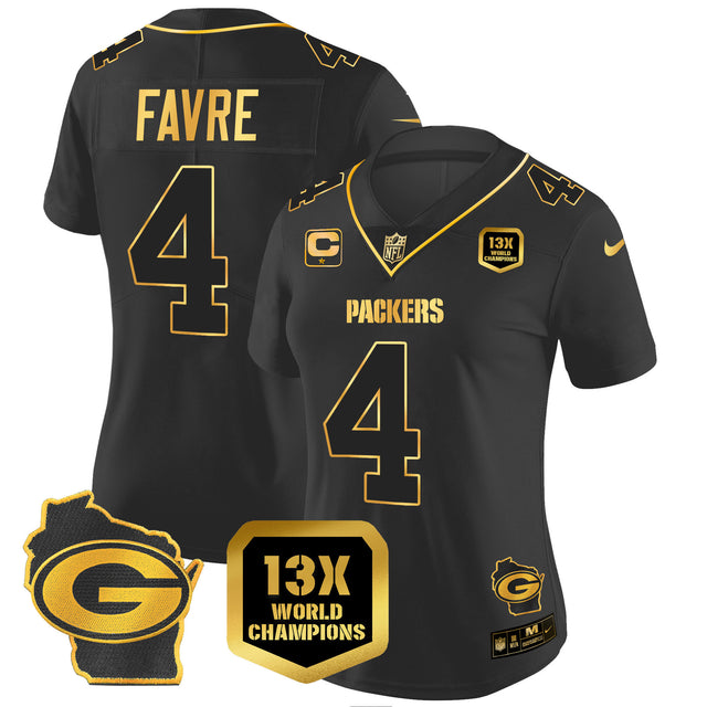 Women's Packers 13 Time World Champions & Home Patch Gold Vapor Jersey – All Stitched - Black Gold - Brett Favre — view 1