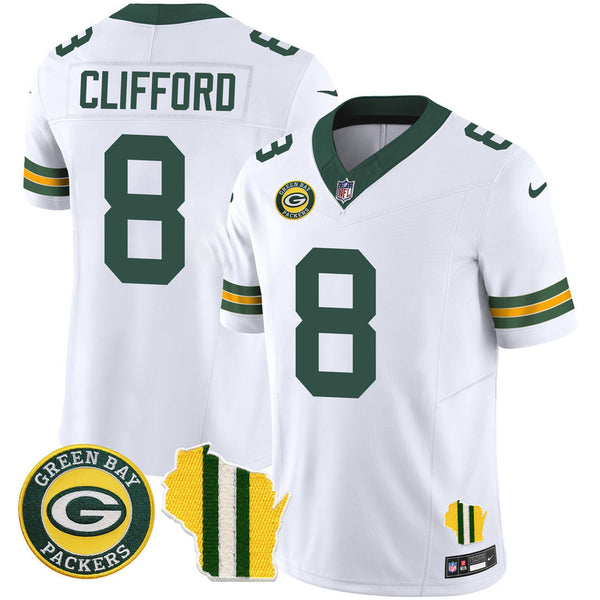 Men's Green Bay Packers Wisconsin State Patch Vapor Limited Jersey - All Sttiched - White - Sean Clifford — view 1