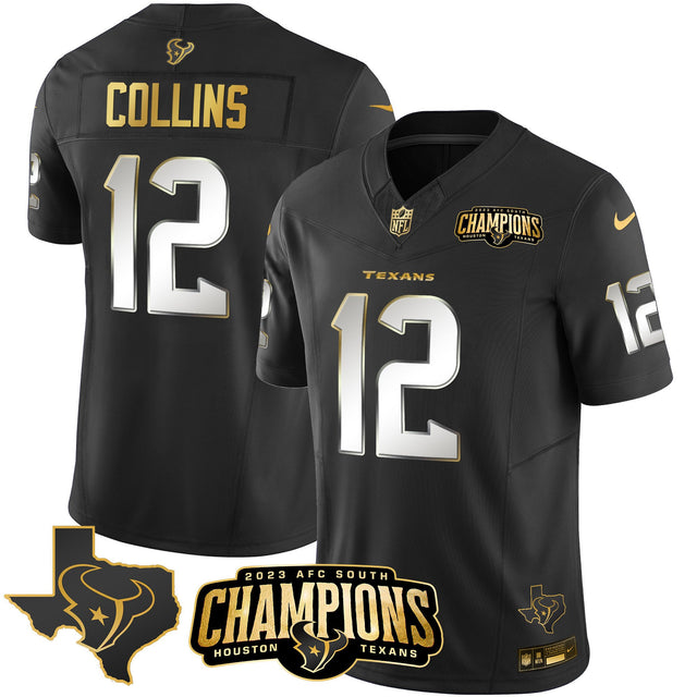 Men's Houston Texans 2023 AFC South Champions Patch Gold Vapor Jersey - All Stitched - Black Limited - Nico Collins — view 1