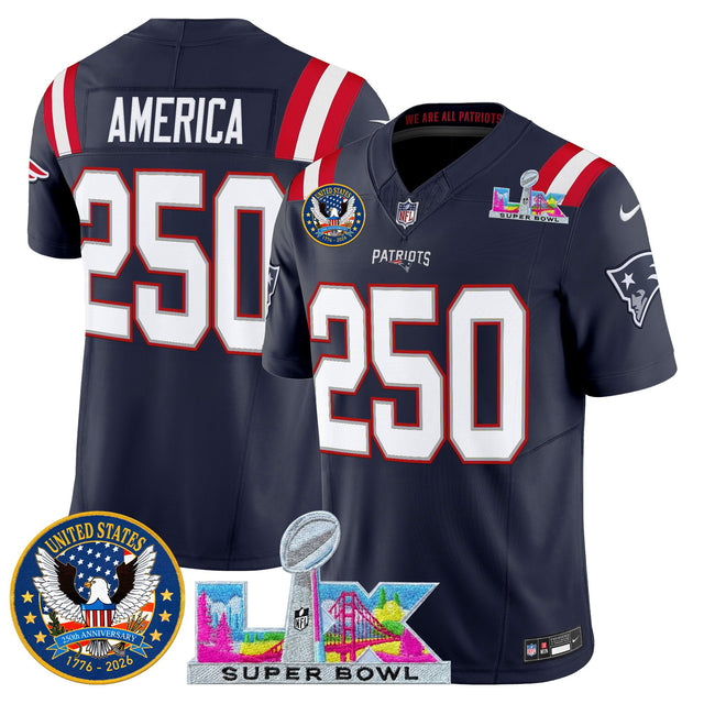 Men's New England Patriots Super Bowl LX & United States 250th Patch Vapor Limited Jersey - All Stitched - Navy - #250 America — view 1