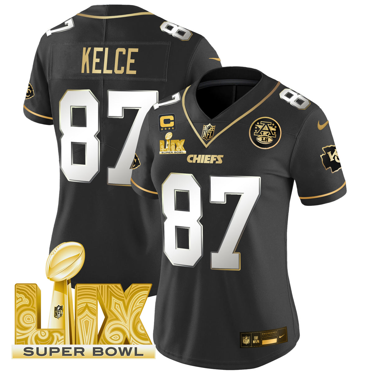 Women's Chiefs Super Bowl LIX Patch Gold Vapor Limited Jersey - All Stitched - Black Limited - Travis Kelce — view 1