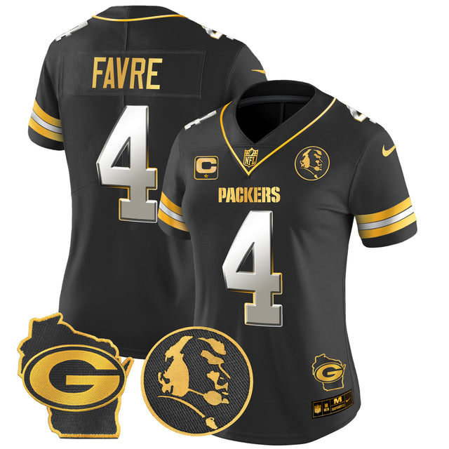 Women's Packers John Madden & Home Patch Gold Vapor Limited Jersey - All Stitched - Black Limited - Brett Favre — view 1