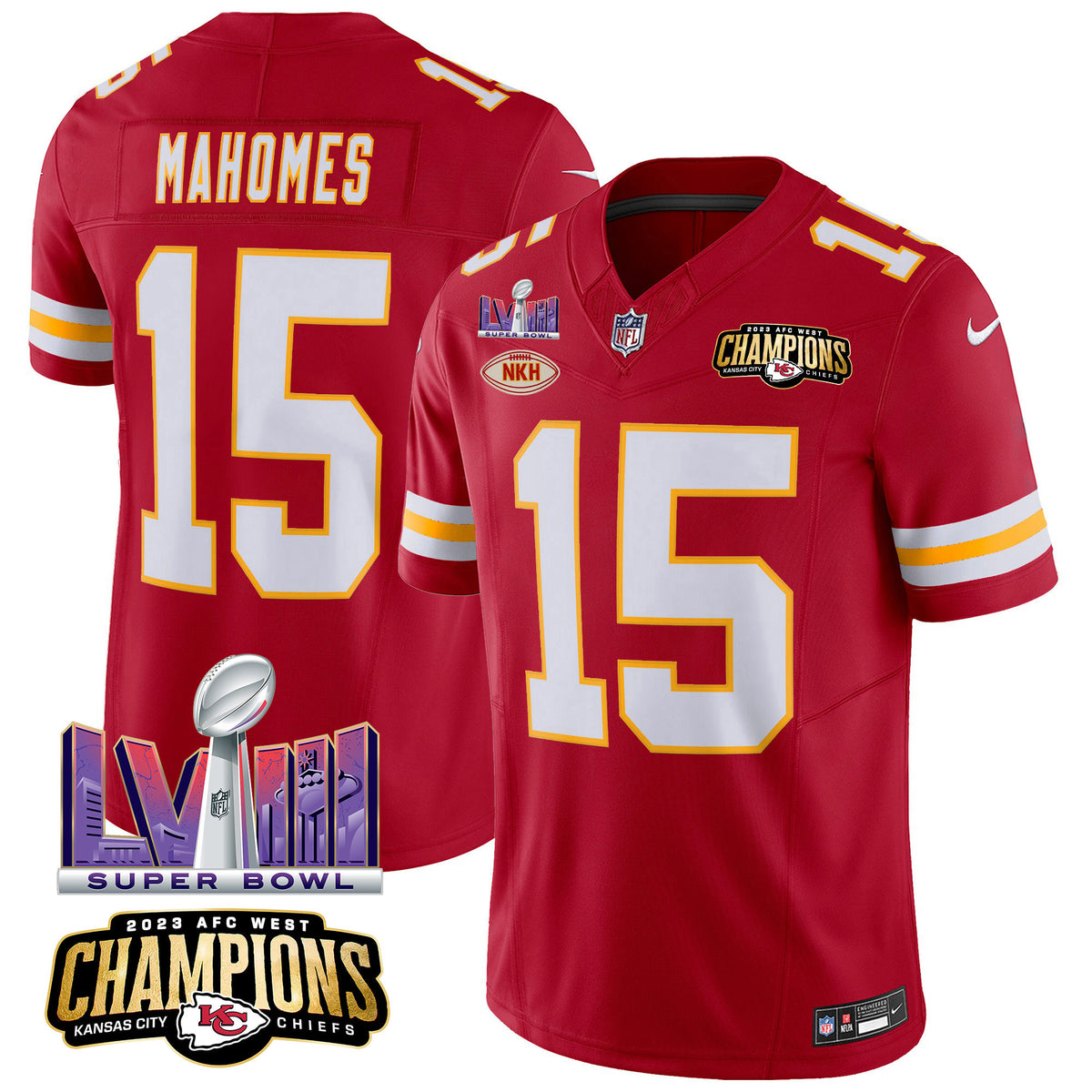 Men's Chiefs AFC West Champions & Super Bowl LVIII Patch Vapor Jersey - All Stitched - Red - Patrick Mahomes — view 1