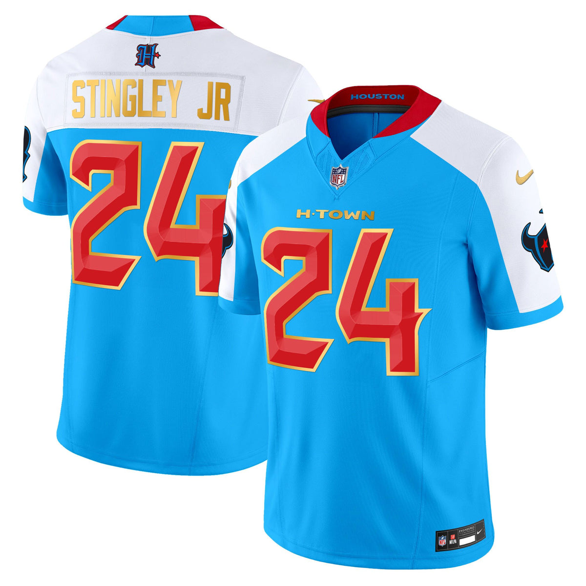 Men's Houston Texans 2024 Gold Trim Vapor Limited Jersey - All Stitched - Blue Alternate - Derek Stingley Jr — view 1