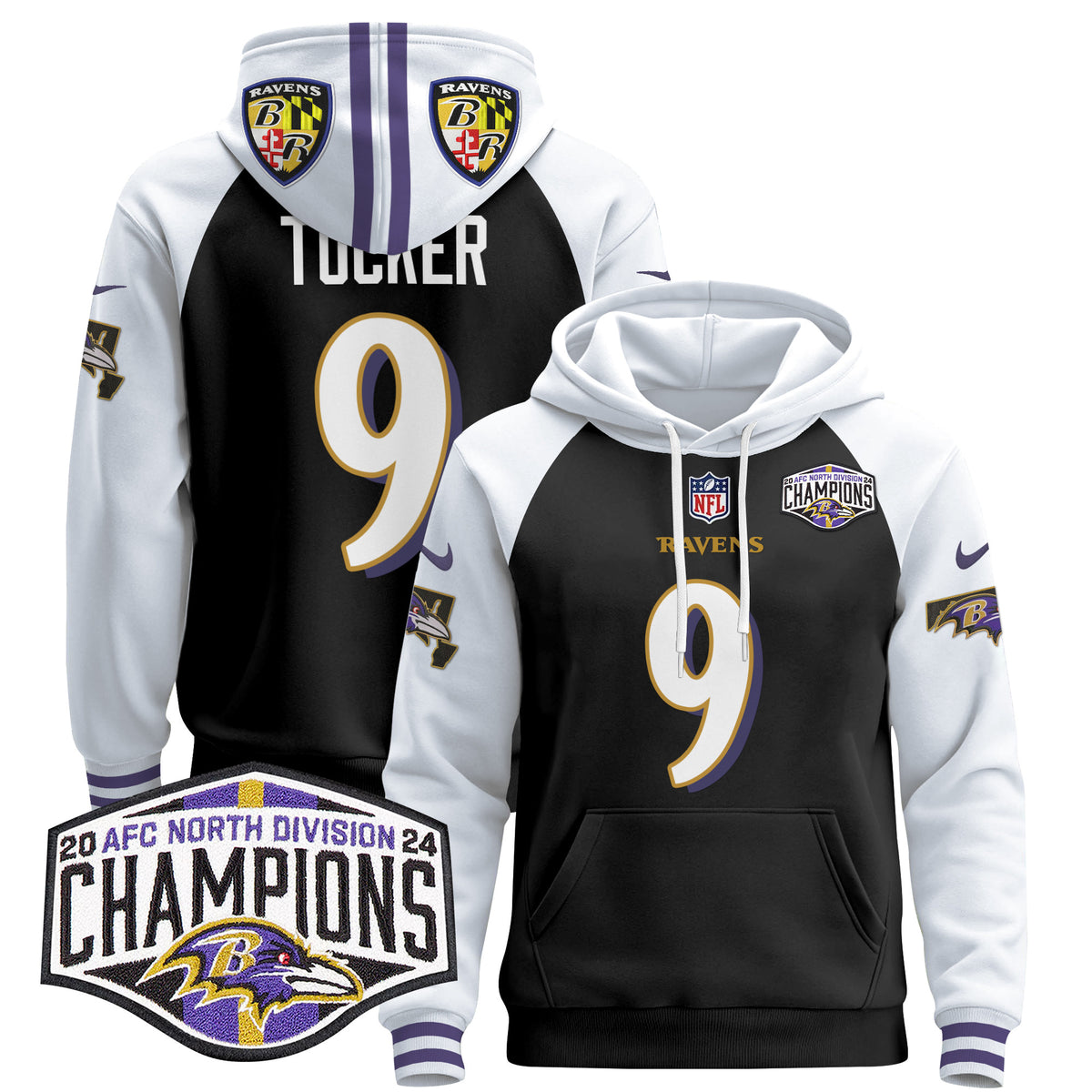 Men's Baltimore Ravens 2024 AFC North Division Champions Patch Pullover Hoodie V2 - All Stitched - Black Alternate - Justin Tucker — view 1